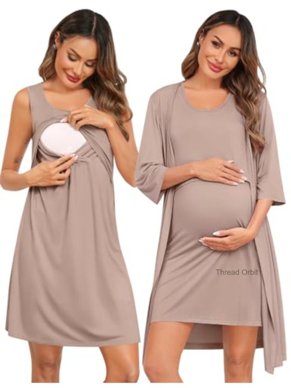 Maternity Nursing Gown and Robe Set 3/4 Sleeve Breastfeeding Nightgown